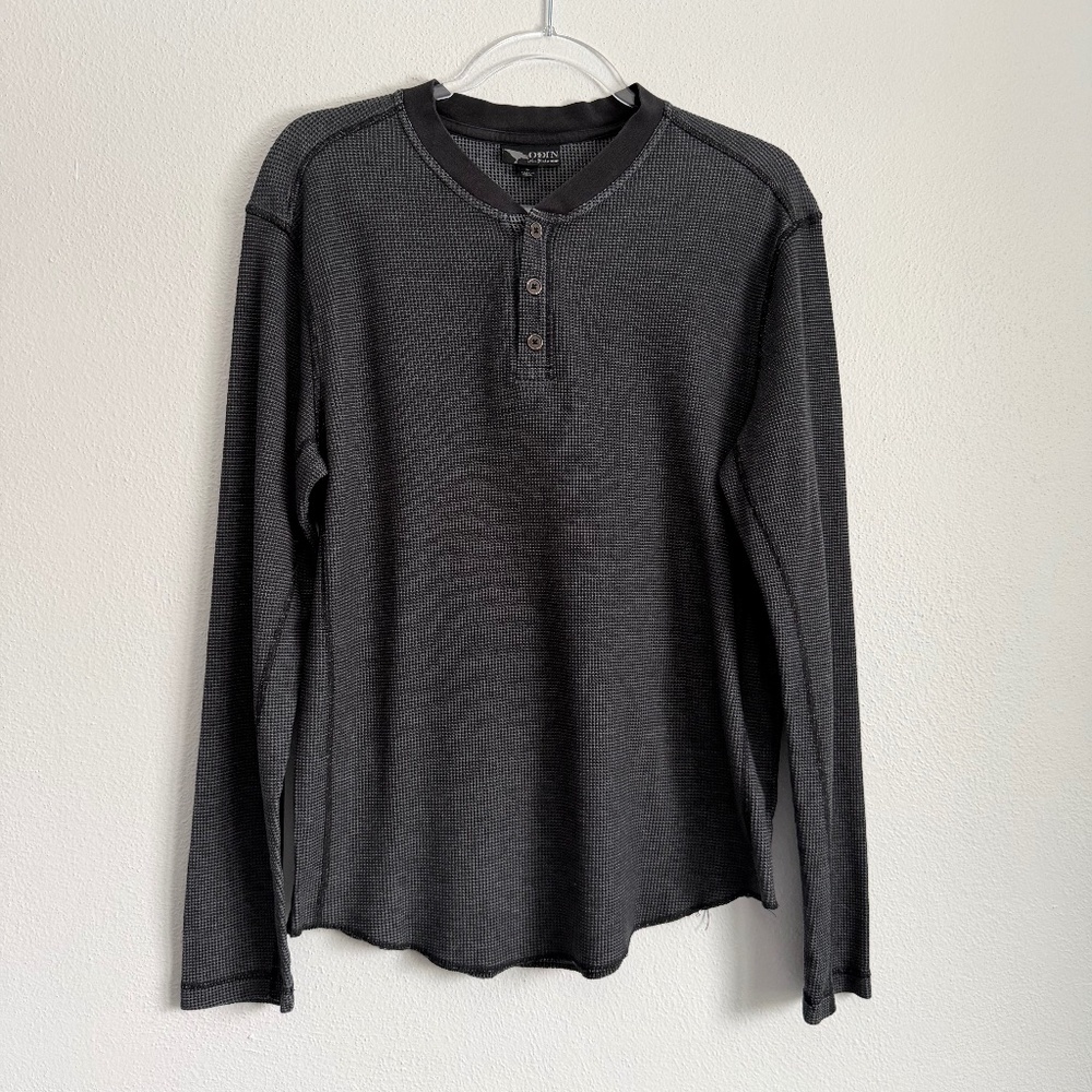 Odin Long Sleeve Waffle Knit Base Layer 3‎ Button Gray Black Henley Size L
